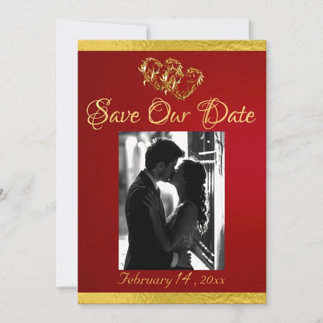 Photo, Hearts & Ribbon - Crimson/Gold Save The Date (Front)