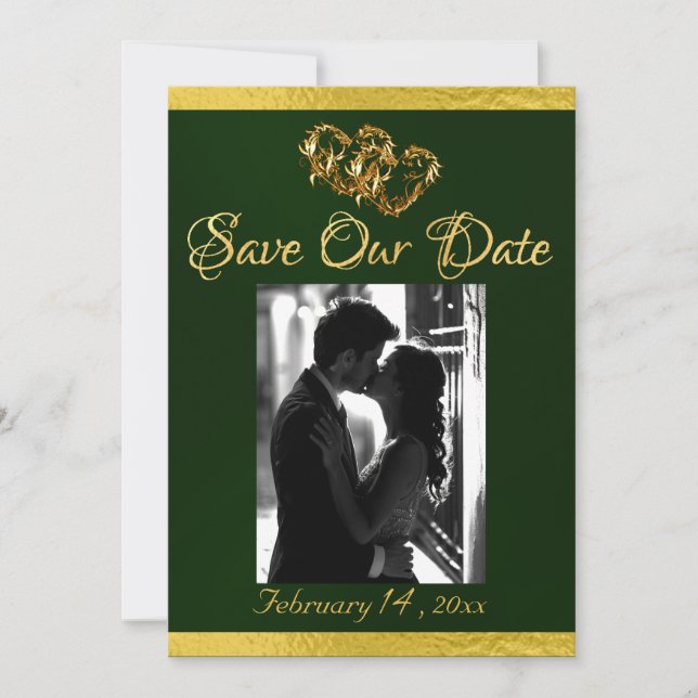 Photo, Hearts & Ribbon - Emerald/Gold Save The Date (Front)
