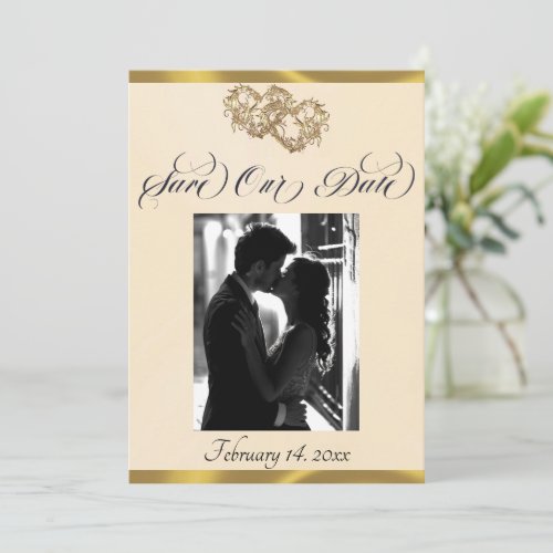 Photo, Hearts & Ribbon - Peach Pearl/Gold Save The Date