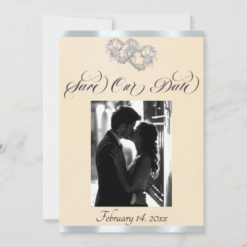 Photo, Hearts & Ribbon - Peach Pearl/Silver Save The Date