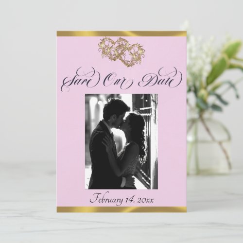 Photo, Hearts & Ribbon - Pink Pearl/Gold Save The Date