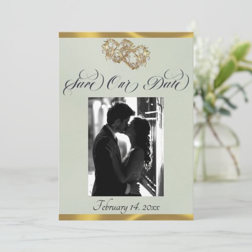 Photo, Hearts & Ribbon - Sage Pearl/Gold Save The Date