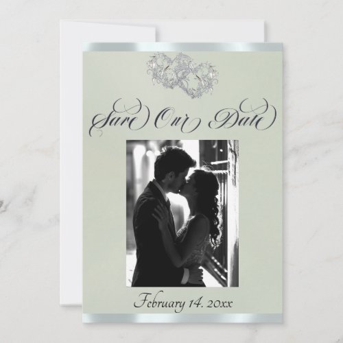 Photo, Hearts & Ribbon - Sage Pearl/Silver Save The Date