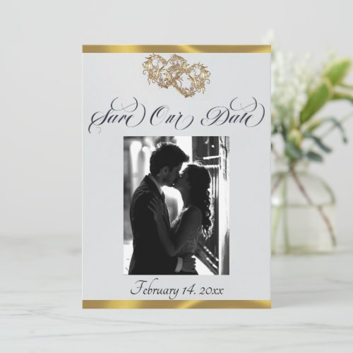 Photo, Hearts & Ribbon - Silver Pearl/Gold Save The Date