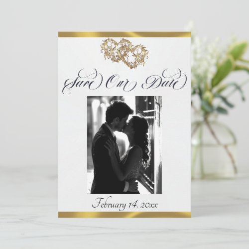 Photo, Hearts & Ribbon - White Pearl/Gold Save The Date