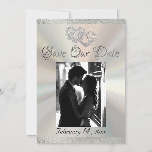 Photo, Hearts & Ribbon - White/Silver Save The Date (Front)
