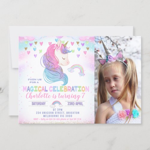 Photo Hearts Stars Rainbow Unicorn Birthday Invitation