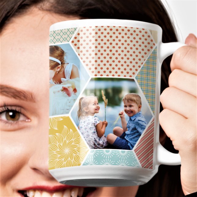 Photo Hexagon | Quilt Pattern Four Image Collage Coffee Mug (Creator Uploaded)