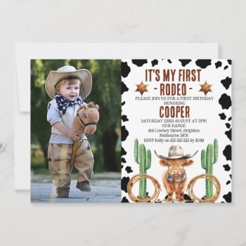 Photo Highland Cow My First Rodeo 1st Birthday Invitation by Sugar_Puff_Kids at Zazzle