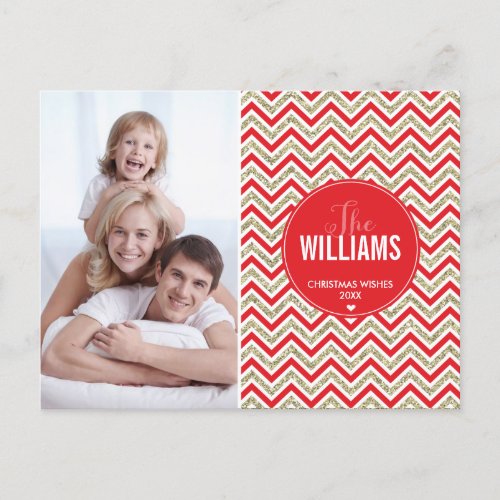 PHOTO HOLIDAY CARD chevron glitter pale gold red