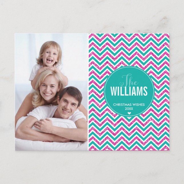 PHOTO HOLIDAY CARD chevron glitter pink jade green (Front)