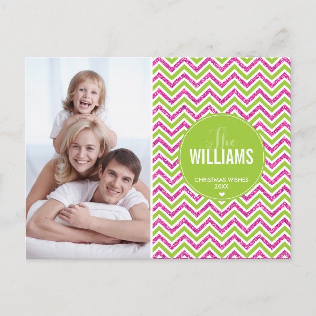 PHOTO HOLIDAY CARD chevron glitter pink lime green (Front)
