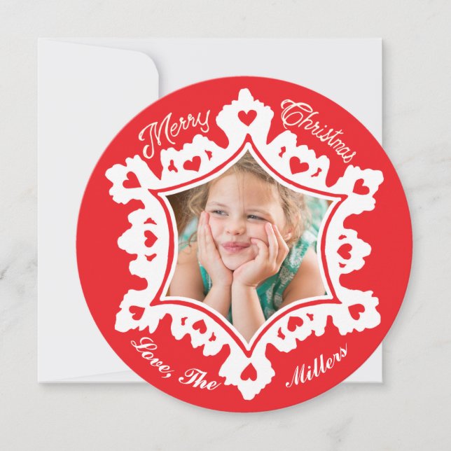 Photo Holiday Card: Red Merry Christmas Snowflake Card (Front)