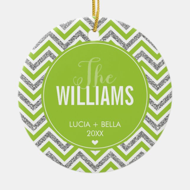PHOTO HOLIDAY ORNAMENT chevron glitter silver lime (Front)