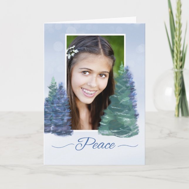 Photo Holiday Peace with Evergreen Trees Card (Front)