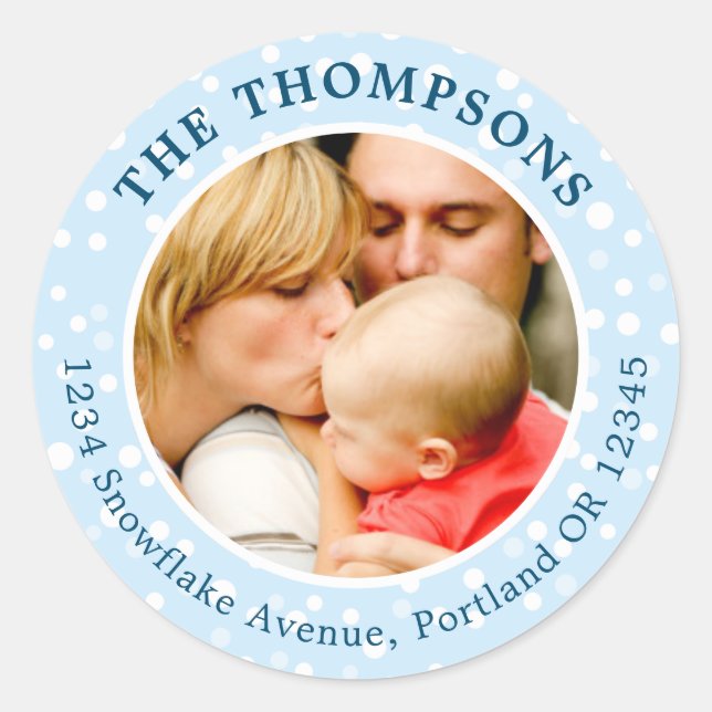 Photo Holiday Return Address Label Round Blue (Front)