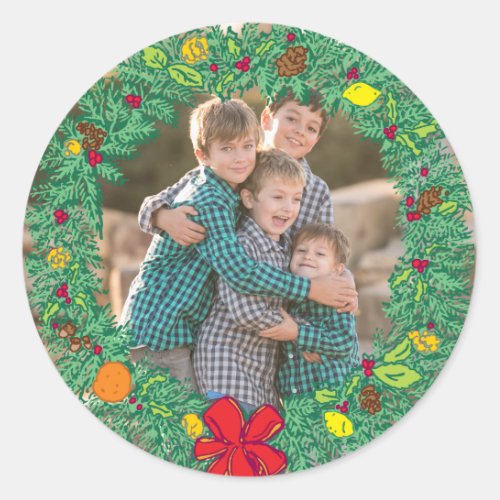 Photo Holiday Sticker Christmas Wreath Photo Classic Round Sticker