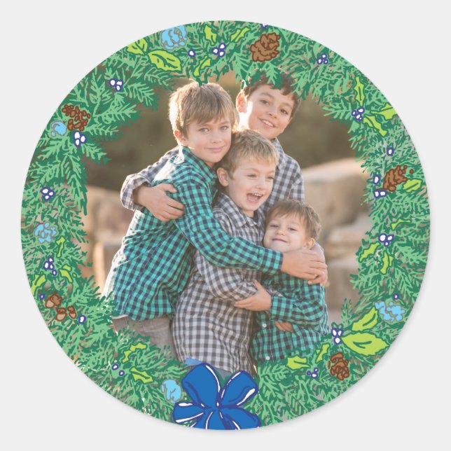 Photo Holiday Sticker: Round Hanukkah Wreath Frame Classic Round Sticker (Front)