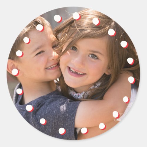 Photo Holiday Sticker White  Red Dot Frame Photo Classic Round Sticker