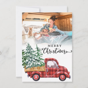 Photo holiday with red truck and christmas tree card