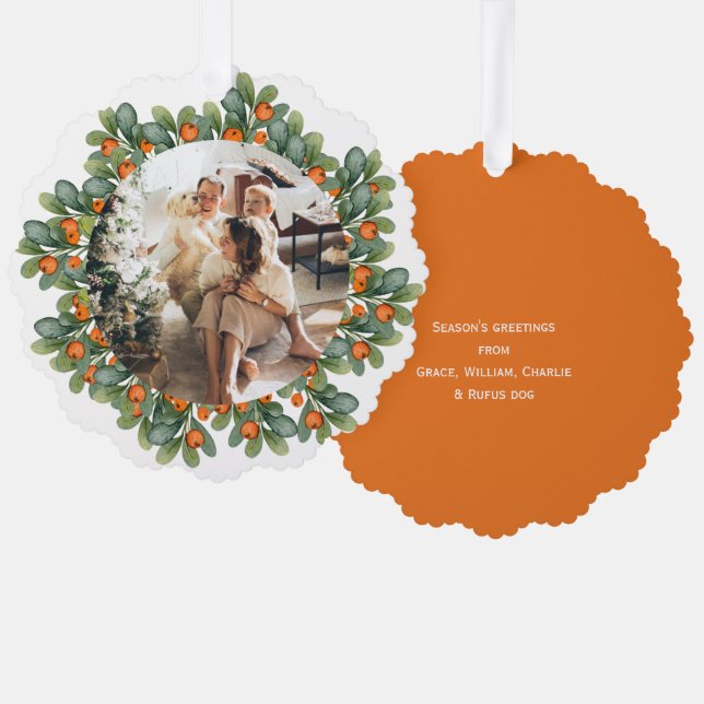 Photo Holiday Wreath Personalized Christmas Ornament Card (Front/Back)