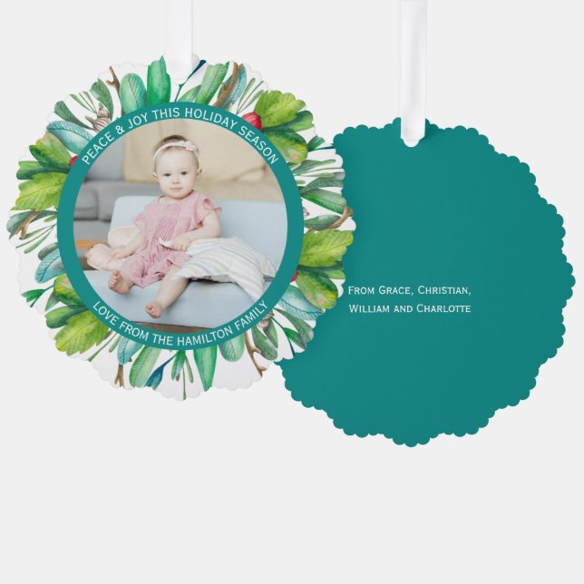 Photo Holiday Wreath Personalized Christmas Ornament Card (Front/Back)
