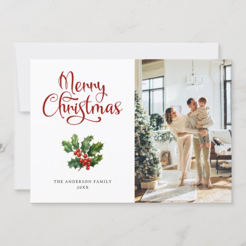 Photo Holly Berries Script Merry Christmas Card