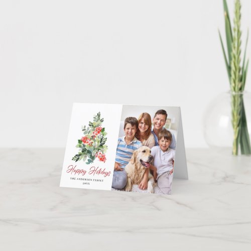 PHOTO Holly Berry Christmas Tree Greeting Holiday Card