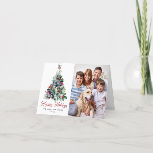 PHOTO Holly Berry Christmas Tree Greeting Holiday Card