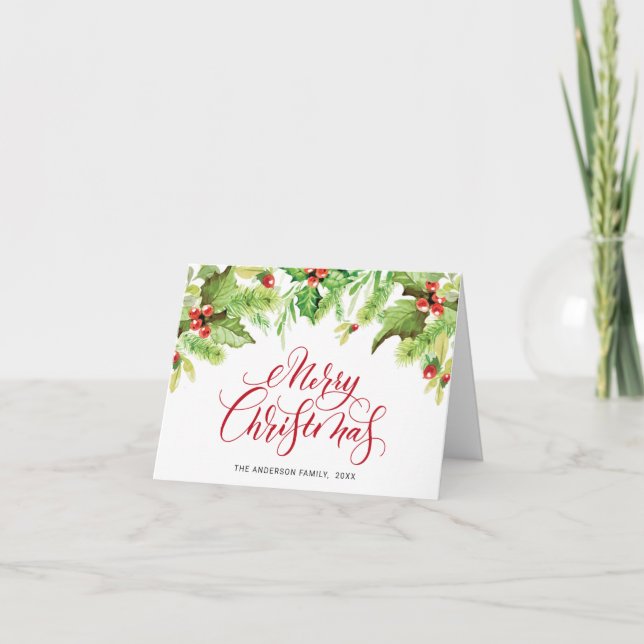 PHOTO Holly Berry Mistletoe Christmas Greeting Holiday Card (Front)
