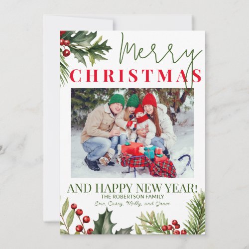 Photo Holly Pine Red Berries White Christmas Card