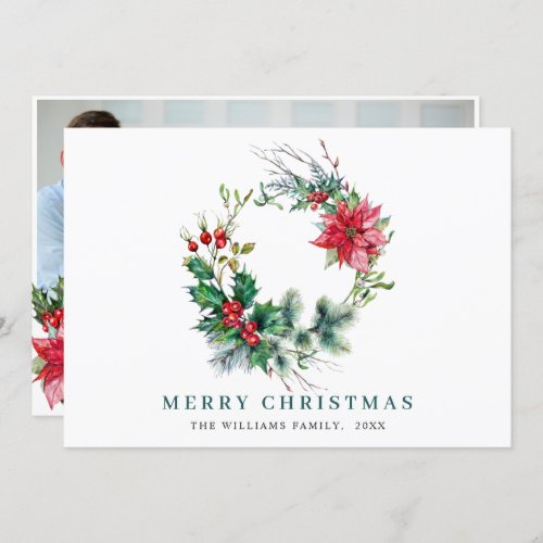 PHOTO Holly Poinsettia Wreath Christmas Greeting Holiday Card