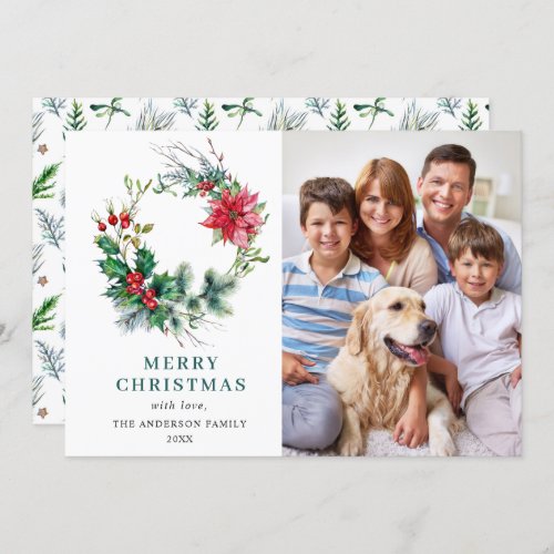 PHOTO Holly Poinsettia Wreath Christmas Greeting Holiday Card