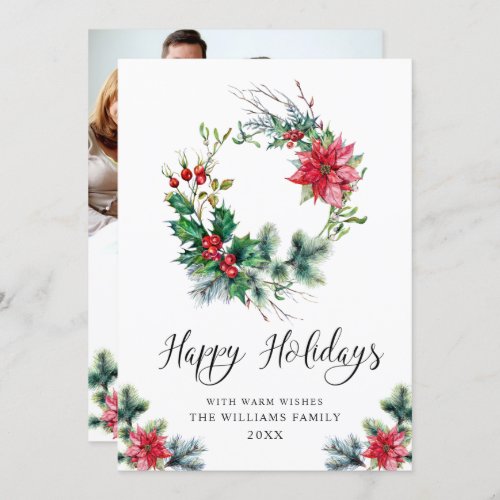 PHOTO Holly Poinsettia Wreath Christmas Greeting Holiday Card