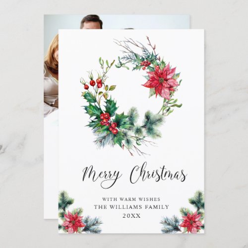 PHOTO Holly Poinsettia Wreath Christmas Greeting Holiday Card