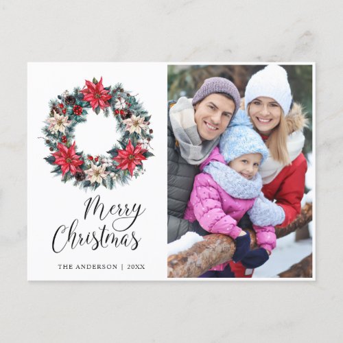PHOTO Holly Poinsettia Wreath Christmas Greeting Holiday Postcard