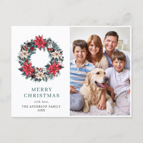 PHOTO Holly Poinsettia Wreath Christmas Greeting Holiday Postcard