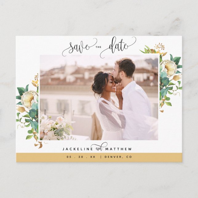 Photo, Honey White Floral Wedding Save the Date Postcard (Front)