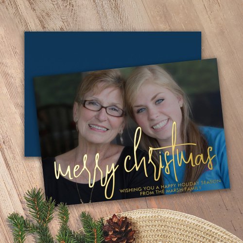 Photo horizontal Merry Christmas _ navy blue gold Foil Holiday Card