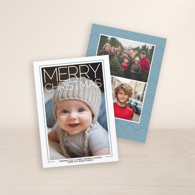 Photo - huge Merry Christmas - Baby Blue Accents Holiday Card (3 Photo Christmas Card with Huge White Type Overlay - Print and Download Option)