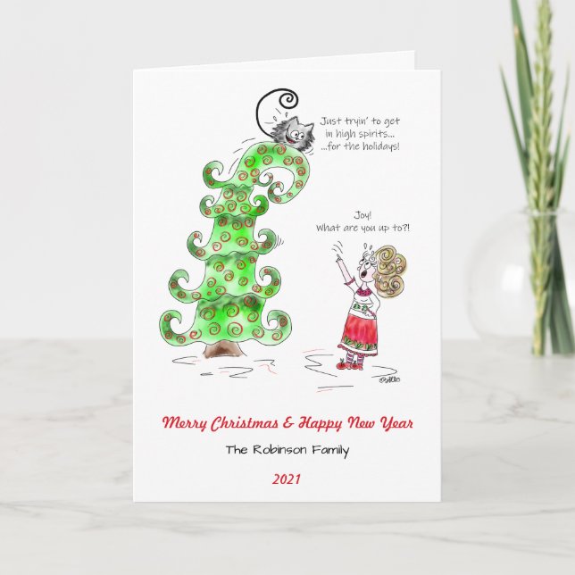Photo Humor Cat Cartoon Joy Christmas Tree Kitty Holiday Card (Front)