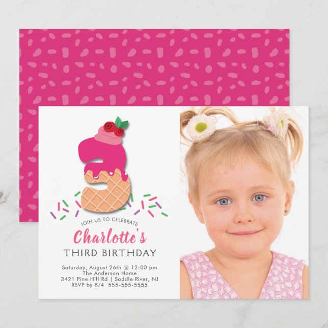 Photo Ice Cream 3RD Birthday Invitation (Front/Back)