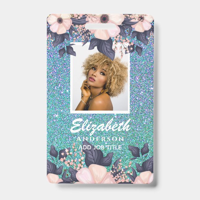 PHOTO ID - Employee VIP Pass Girly Glitter Flowers Badge (Front)