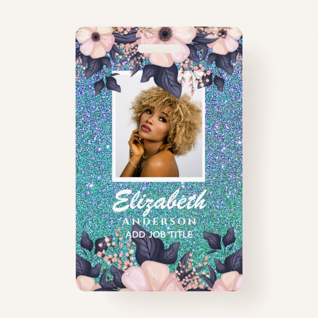PHOTO ID - Employee VIP Pass Girly Glitter Flowers Badge (Front)