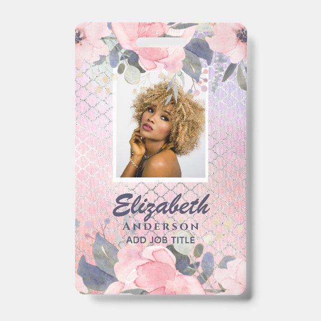 PHOTO ID - Employee VIP Pass Girly Glitter Flowers Badge (Front)