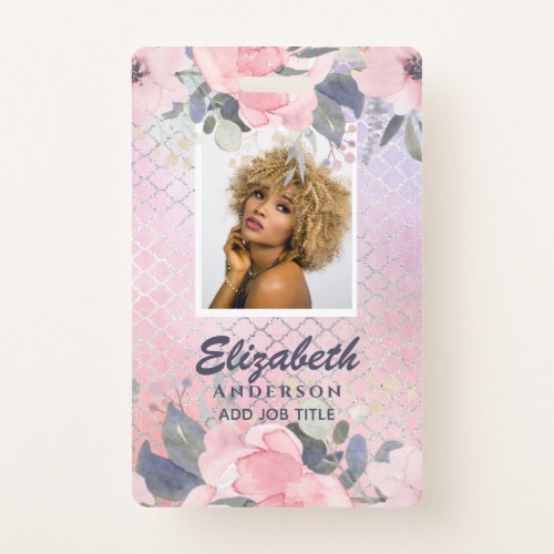 PHOTO ID _ Employee VIP Pass Girly Glitter Flowers Badge