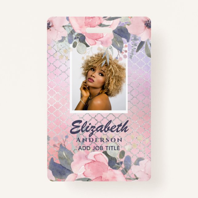 PHOTO ID - Employee VIP Pass Girly Glitter Flowers Badge (Front)