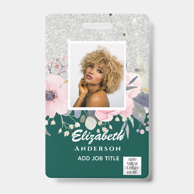 PHOTO-ID Employee VIP PASS Girly Glitter Flowers Badge (Front)