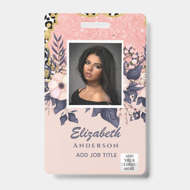 PHOTO-ID Employee VIP PASS Girly Glitter Flowers Badge (Front)