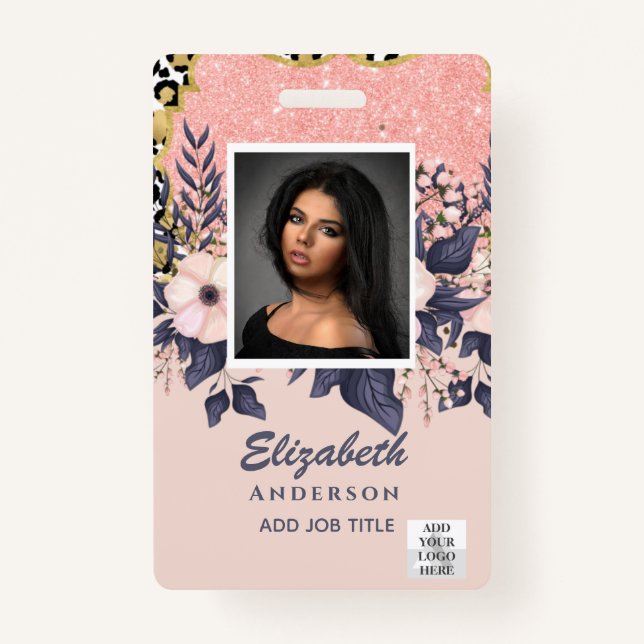PHOTO-ID Employee VIP PASS Girly Glitter Flowers Badge (Front)